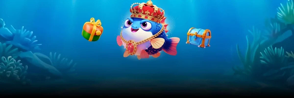Fugu Casino – bekrönter Kugelfisch mit Goldkette, Maskottchen der Plattform